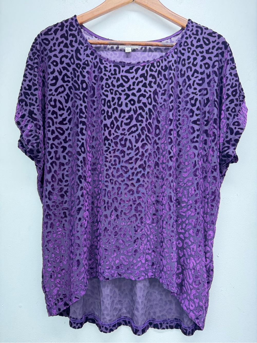Umgee size Large Women’s Purple Velvet Leopard Print Semi-sheer Short Sleeve Top